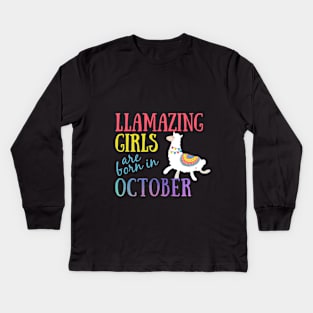 Llama Llamazing Girls Are Born In October Birthday Design Kids Long Sleeve T-Shirt